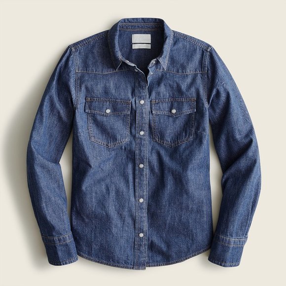 J.Crew 10 Denim Shirt Dark Rinse Pearl Snap Buttons Slim Western - Picture 1 of 14
